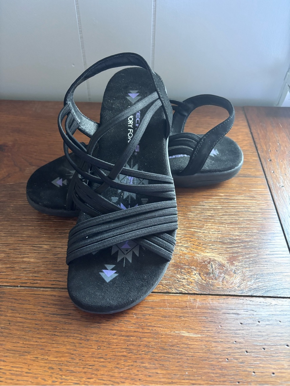 Skechers Black Multi-Strap Slip-On Sandals with Purple Insole Detail